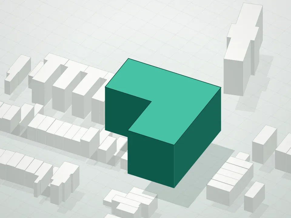 3D massing drawing of 948 Myrtle Avenue Condominium and neighboring buildings