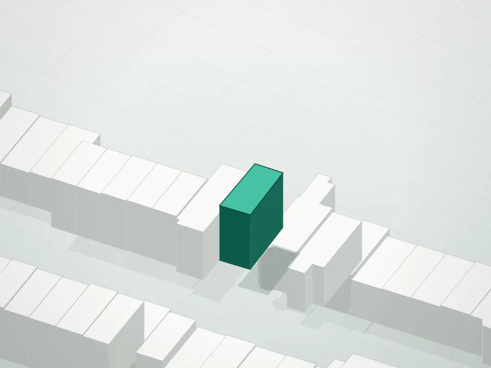 3D massing drawing of 901 Greene Avenue Condominium and neighboring buildings