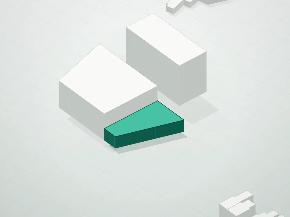 3D massing drawing of Flow House Condominium and neighboring buildings