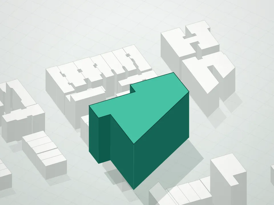 3D massing drawing of 300 West 122nd Street Condominium and neighboring buildings