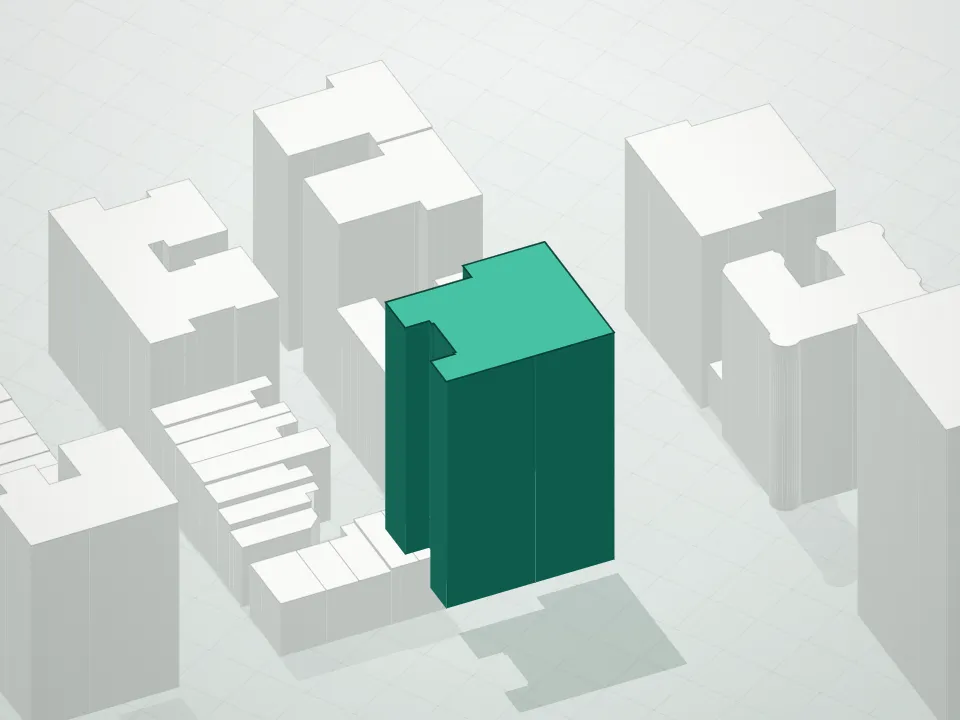 3D massing drawing of 393 West End Avenue Condominium and neighboring buildings