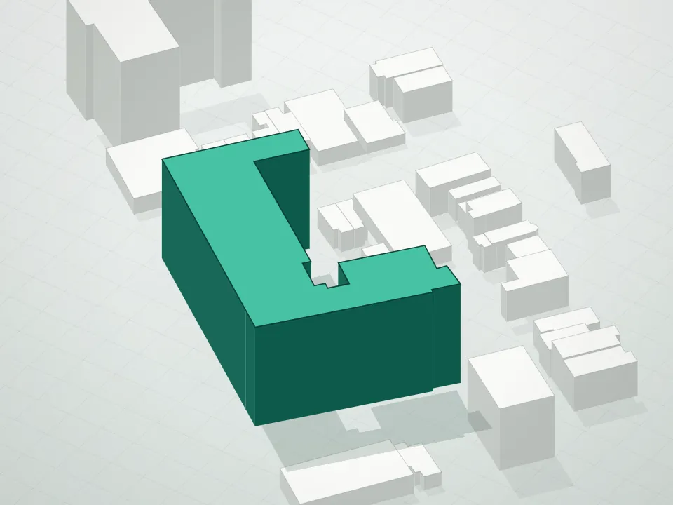 3D massing drawing of East River Condominium and neighboring buildings