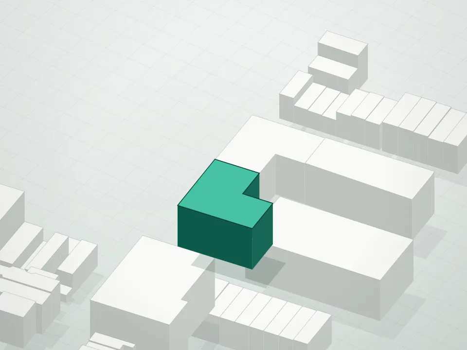 3D massing drawing of Cascade E Condominium and neighboring buildings