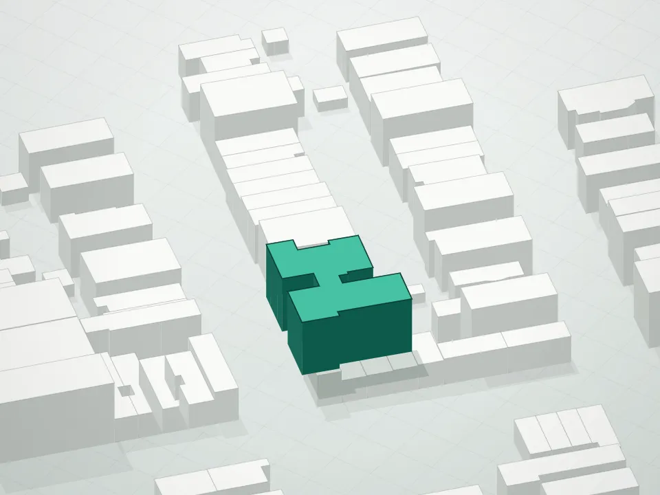 3D massing drawing of 1455 47th Street Condominium and neighboring buildings