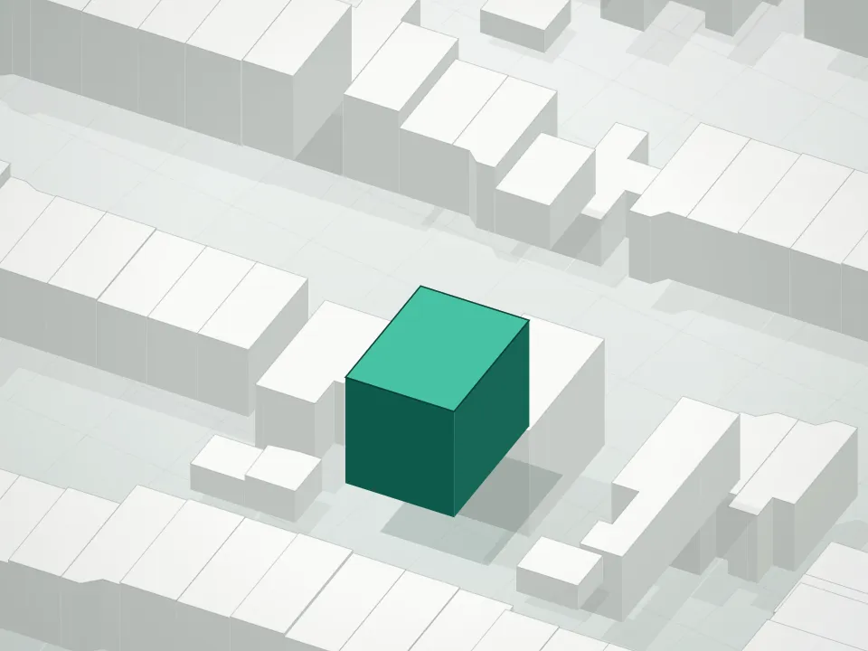 3D massing drawing of 850 Putnam Condominium and neighboring buildings