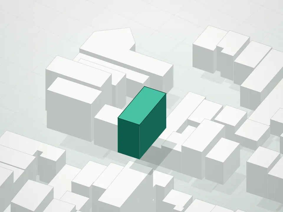 3D massing drawing of Astral Condominium and neighboring buildings