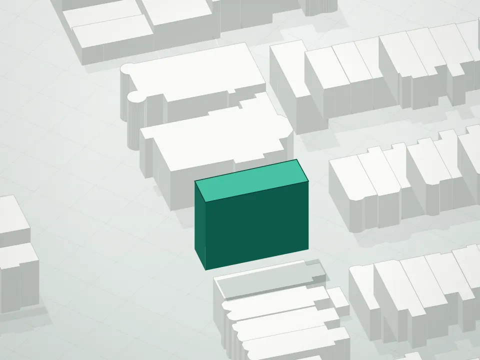 3D massing drawing of Bushwick Avenue Lofts and neighboring buildings