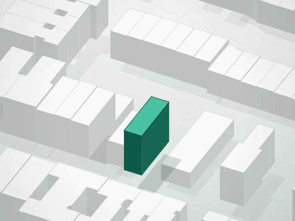3D massing drawing of 573 Gates Avenue Condominium and neighboring buildings