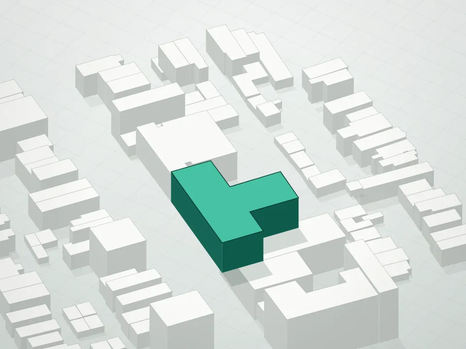 3D massing drawing of Millo and neighboring buildings