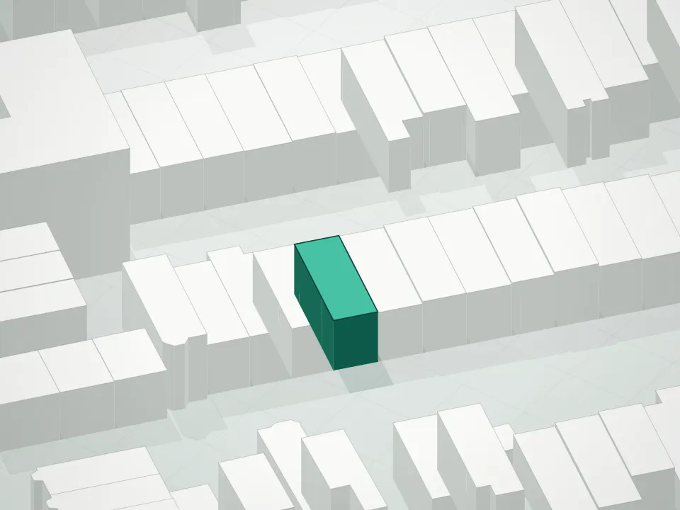 3D massing drawing of 1043 Halsey Street Condominium and neighboring buildings