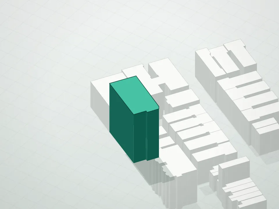 3D massing drawing of 145 North Woods Condominium and neighboring buildings