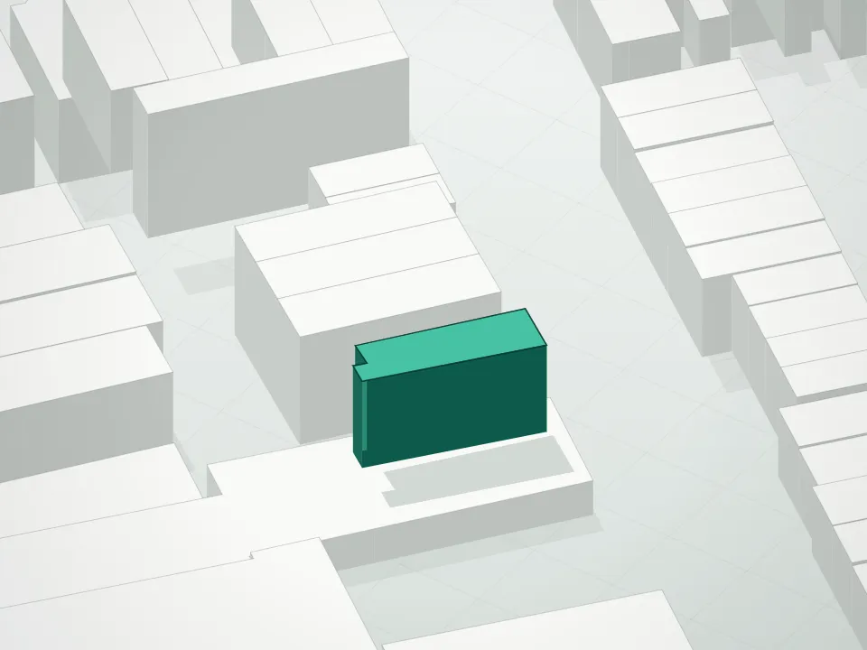3D massing drawing of 26 Goodwin Place Condominium and neighboring buildings