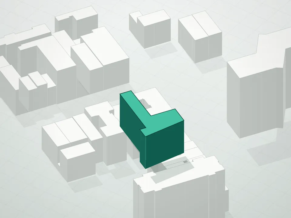 3D massing drawing of 101 Condominium and neighboring buildings