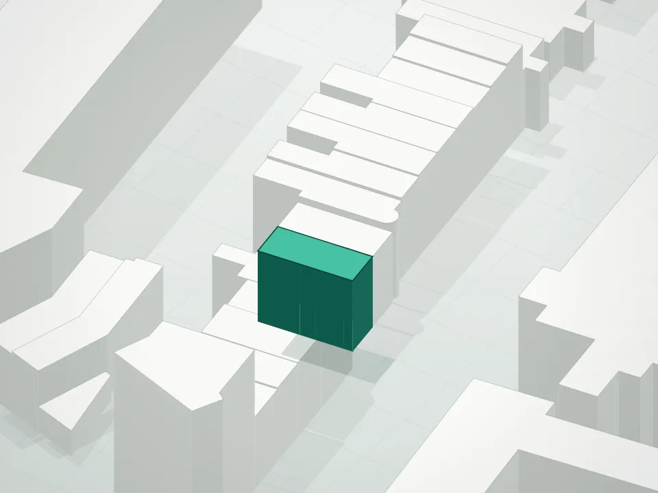 3D massing drawing of 574 Washington Avenue Condominium and neighboring buildings