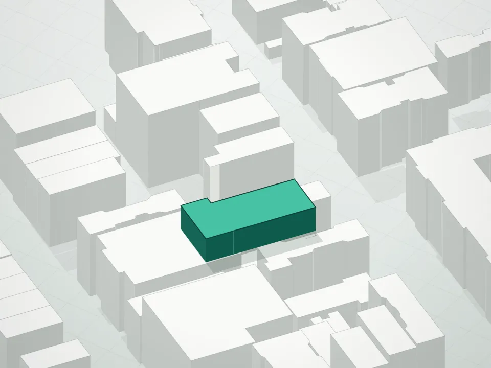 3D massing drawing of Novum East Village Condomiinium and neighboring buildings