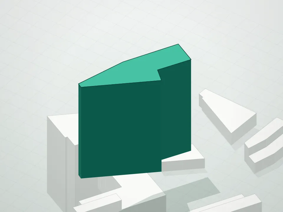 3D massing drawing of One Boerum Condominium and neighboring buildings