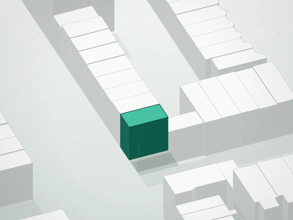 3D massing drawing of Homage On 3rd Street Condominium and neighboring buildings