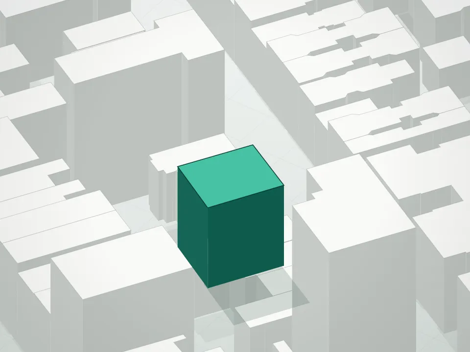 3D massing drawing of Sebastian and neighboring buildings
