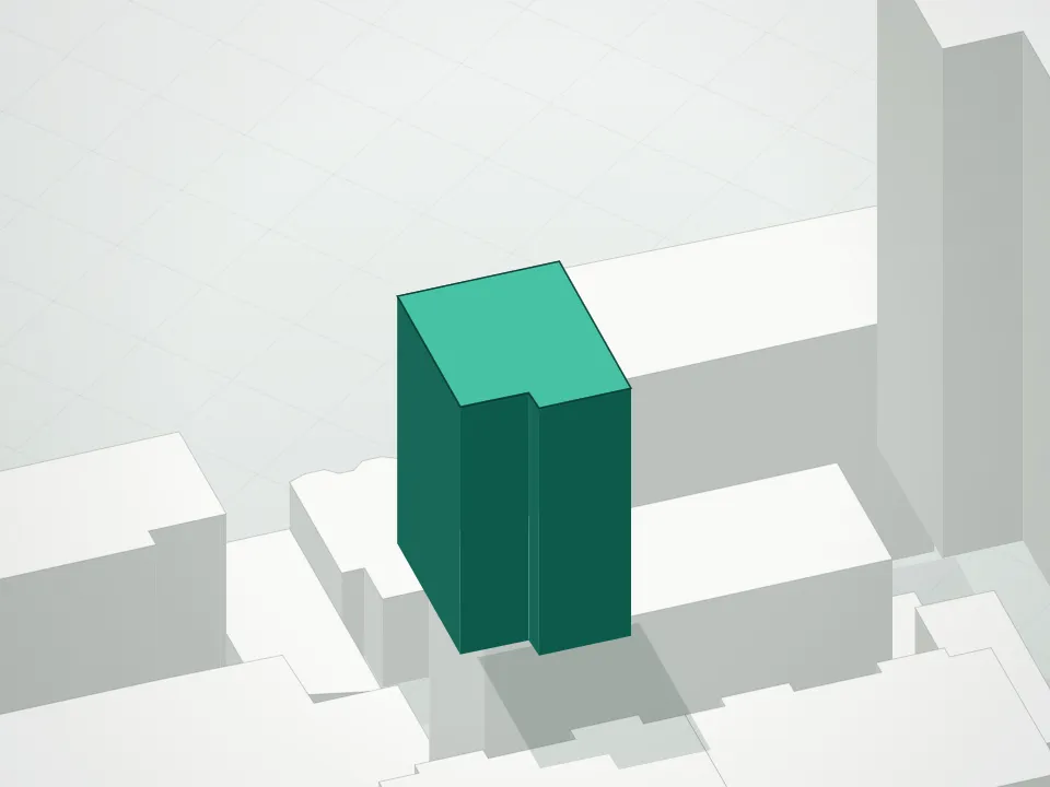 3D massing drawing of Core 23 and neighboring buildings