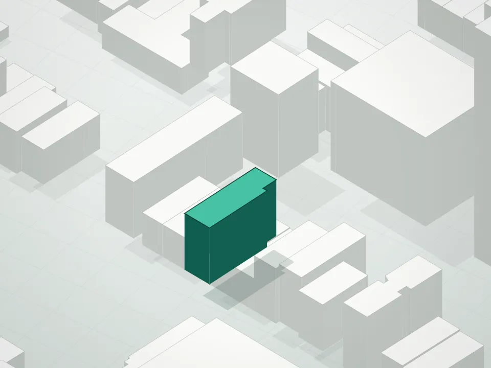 3D massing drawing of 93 South 9th Street Condominium and neighboring buildings