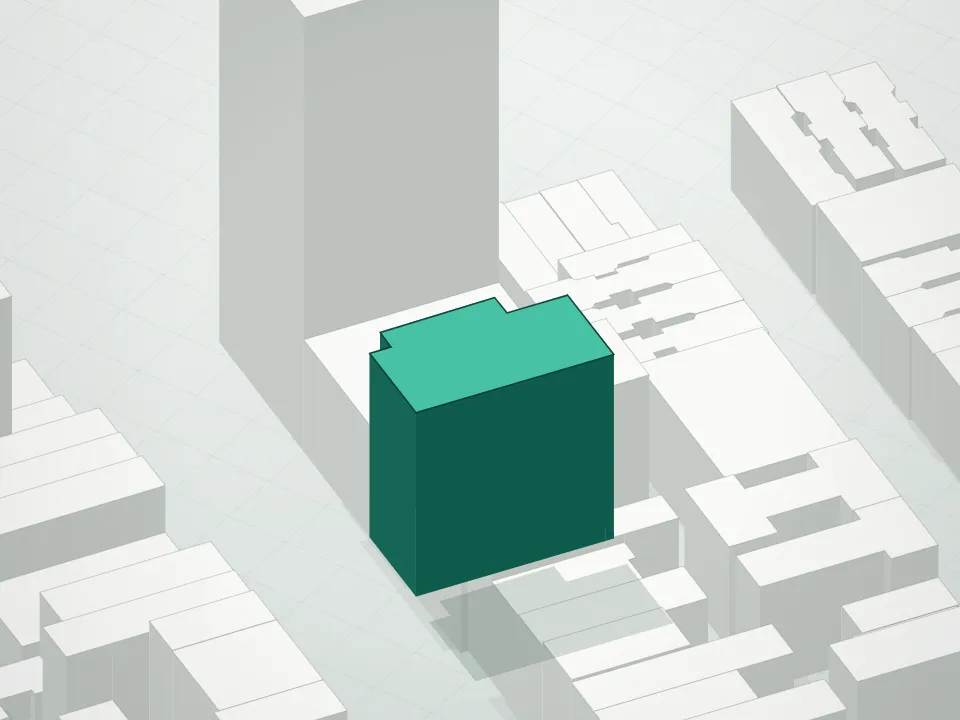 3D massing drawing of Elisa and neighboring buildings
