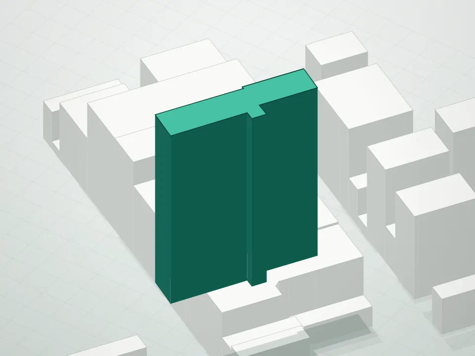 3D massing drawing of Flatiron House Condominium and neighboring buildings