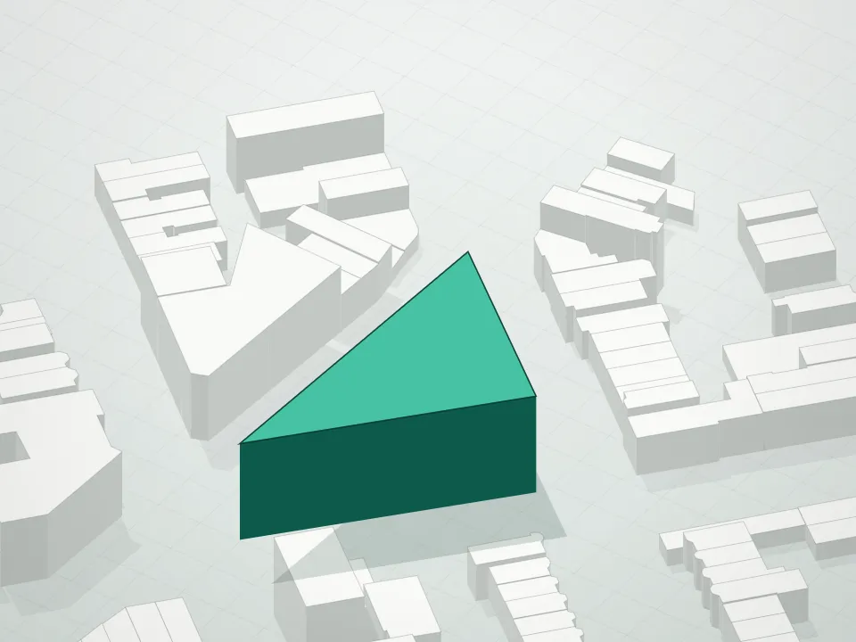 3D massing drawing of Delta Towers Condominium and neighboring buildings