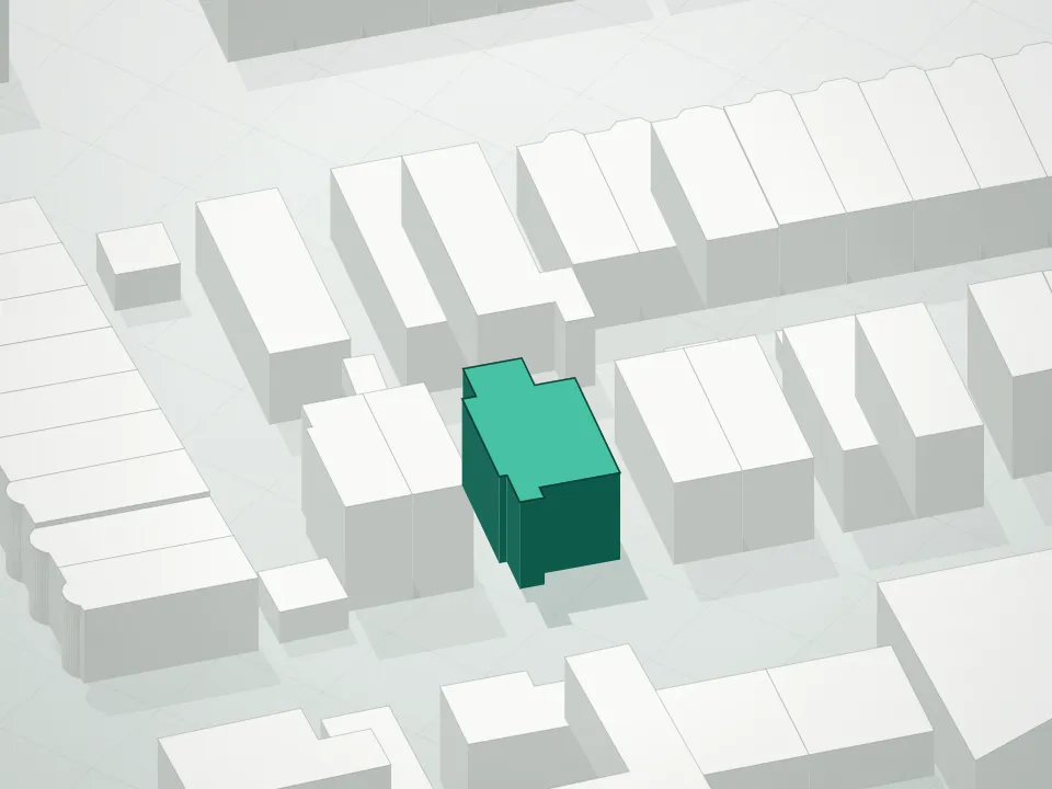 3D massing drawing of 8154 Bay 16th Street Condominium and neighboring buildings