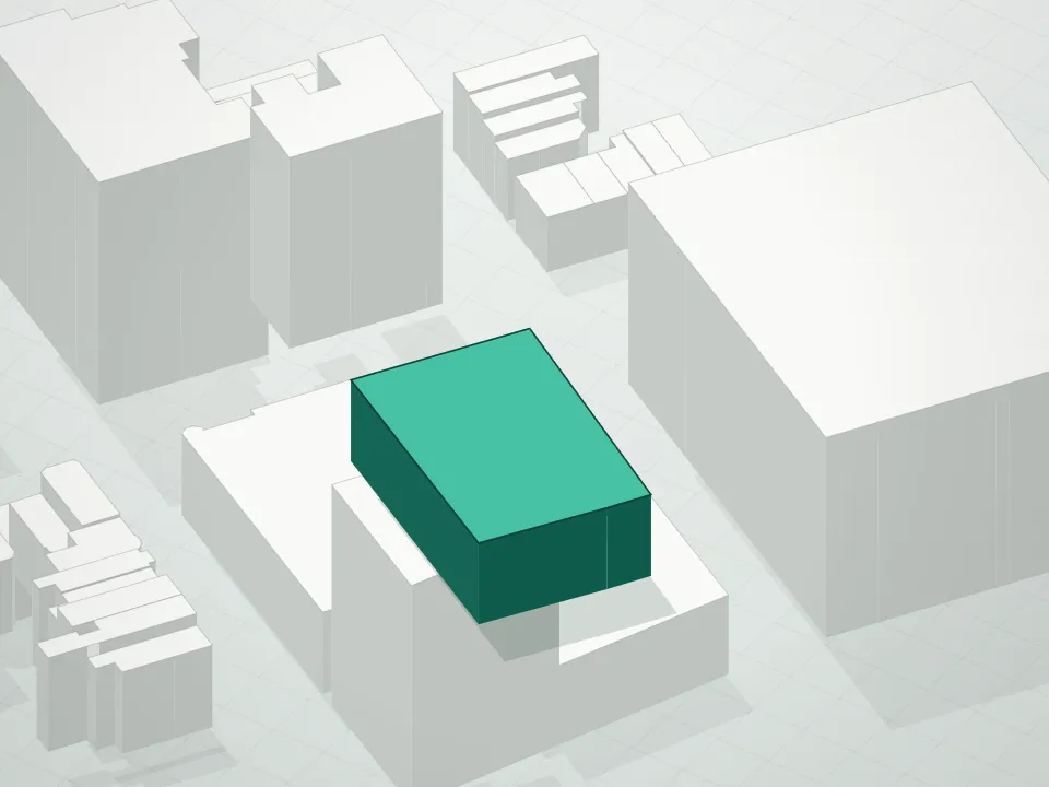 3D massing drawing of 378 West End Avenue and neighboring buildings