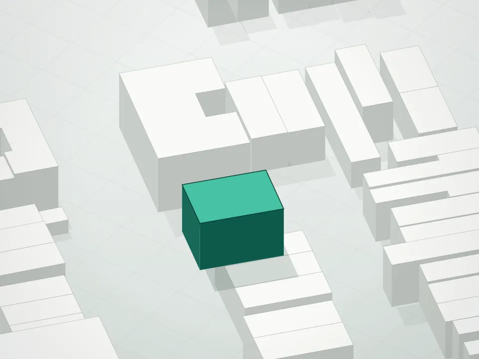 3D massing drawing of 1415 67 Street Condominium and neighboring buildings