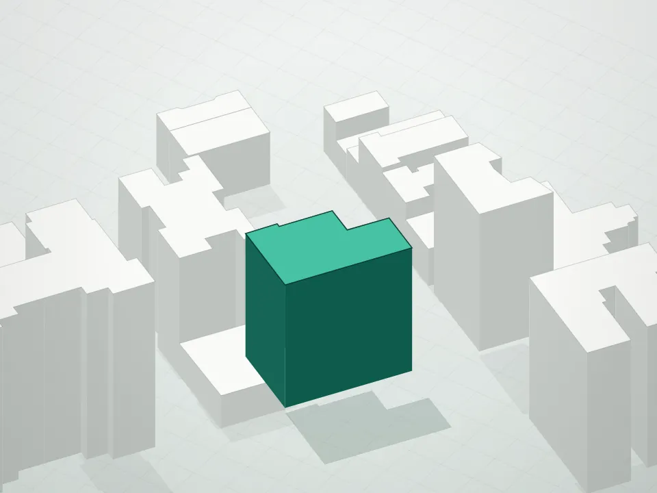3D massing drawing of 359 Second Avenue Condominium and neighboring buildings