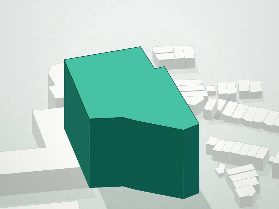 3D massing drawing of Justice Ave Tower Condominium and neighboring buildings