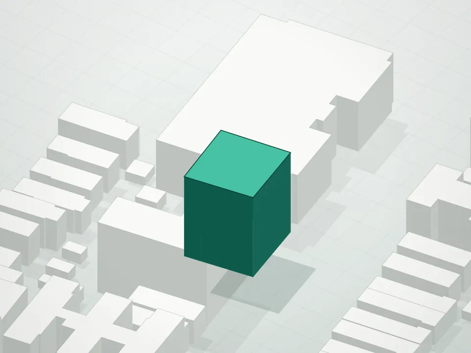 3D massing drawing of Q Condominium and neighboring buildings