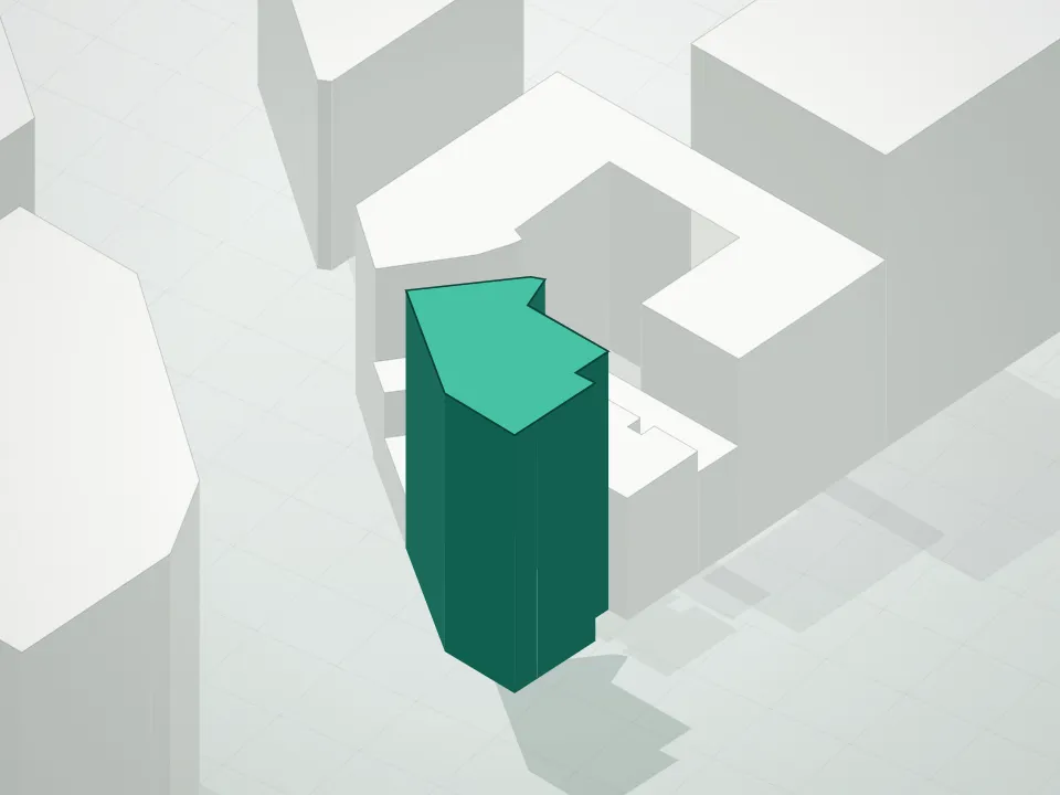 3D massing drawing of Everly West Soho and neighboring buildings