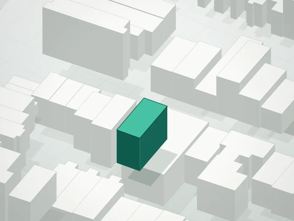 3D massing drawing of 184 Huron Street Condominium and neighboring buildings