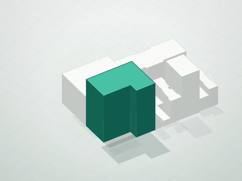 3D massing drawing of 208 Delancey Condominium and neighboring buildings