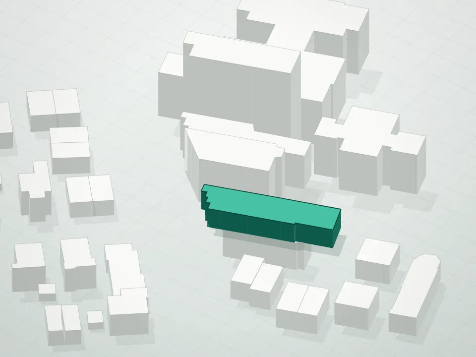 3D massing drawing of Parsons Tower Condominium and neighboring buildings
