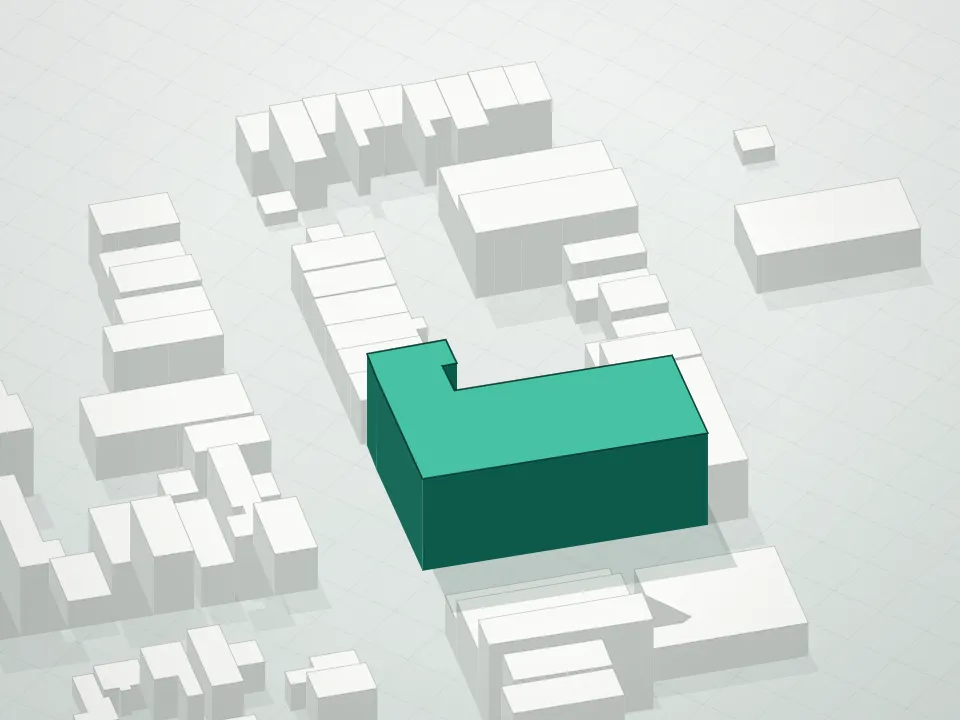 3D massing drawing of 510 Driggs Avenue Condominium and neighboring buildings