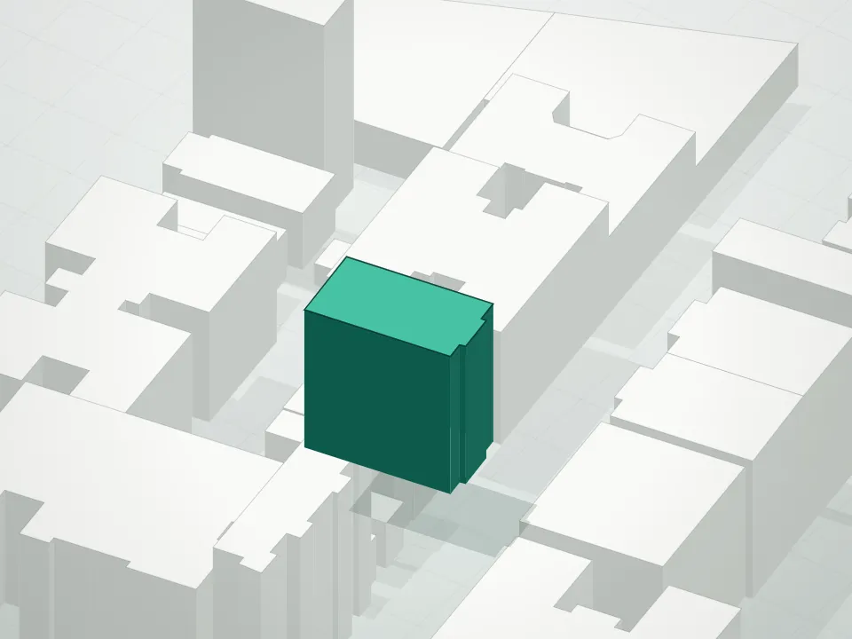 3D massing drawing of Homecrest Condominium and neighboring buildings