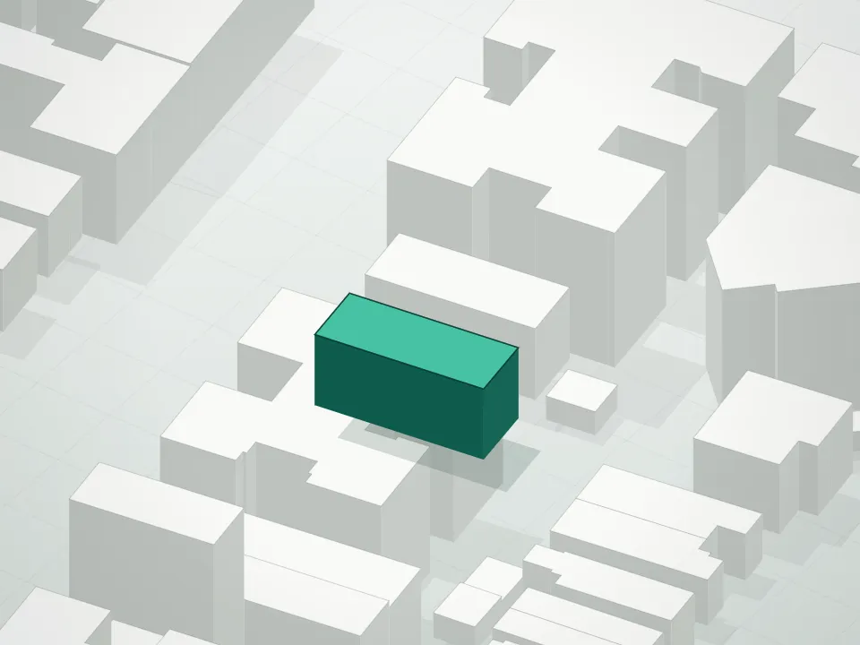 3D massing drawing of Nuovo Condominium and neighboring buildings