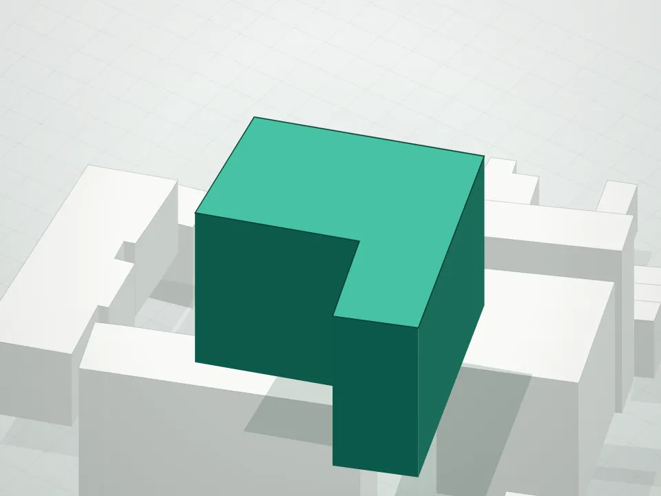 3D massing drawing of Tangram House West Condominium and neighboring buildings