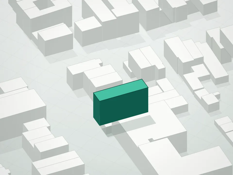 3D massing drawing of Urban Garden Manor Condominium and neighboring buildings