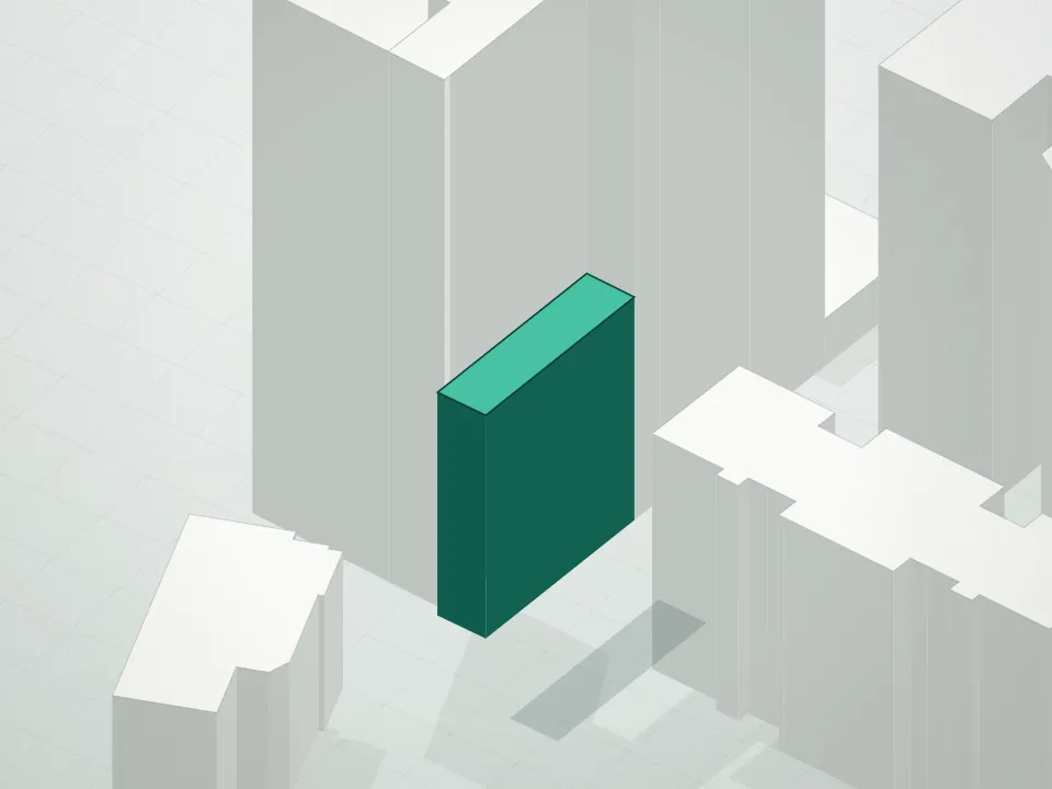 3D massing drawing of Alfred On Fleet Condominium and neighboring buildings