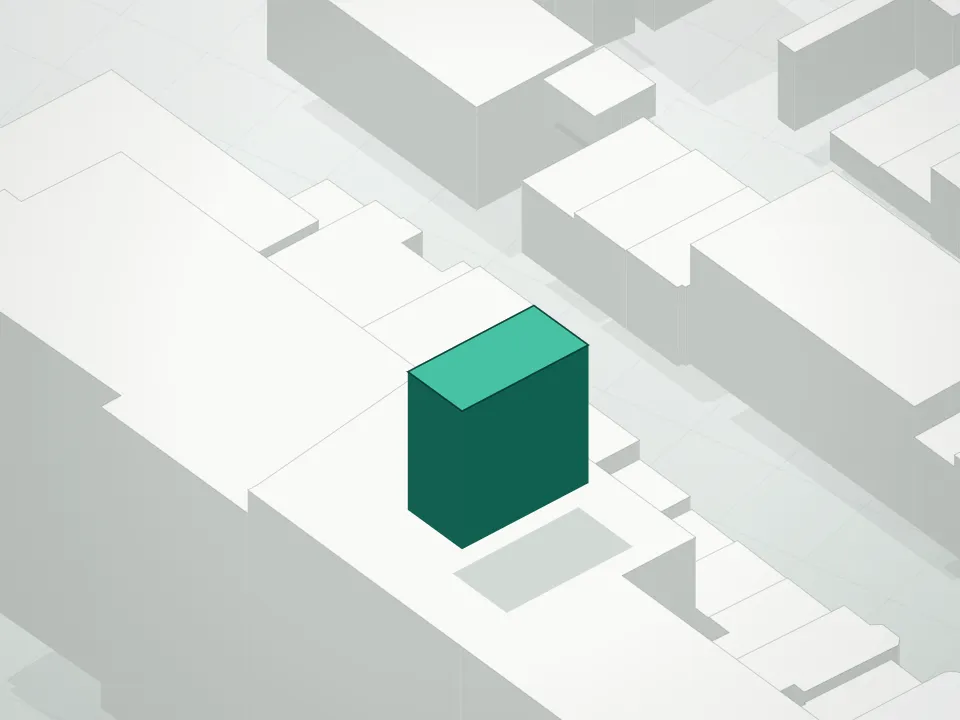3D massing drawing of Star-Lic 2 and neighboring buildings