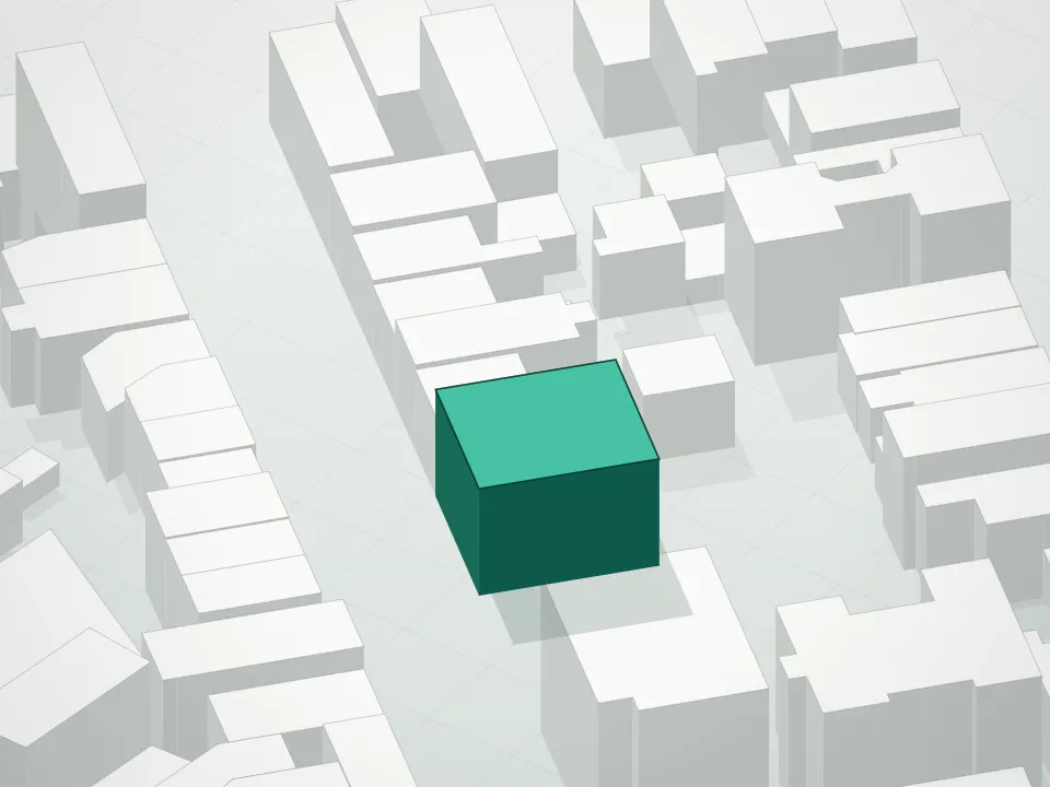 3D massing drawing of 243 North 5th Street Condominium and neighboring buildings