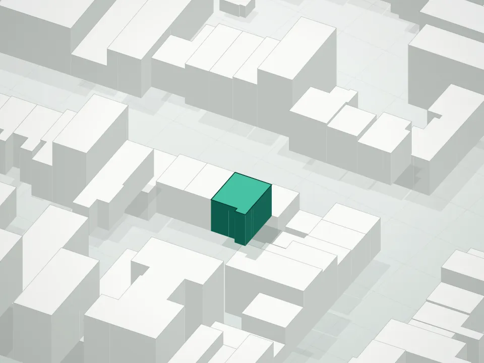 3D massing drawing of 206 Powers Condominium and neighboring buildings