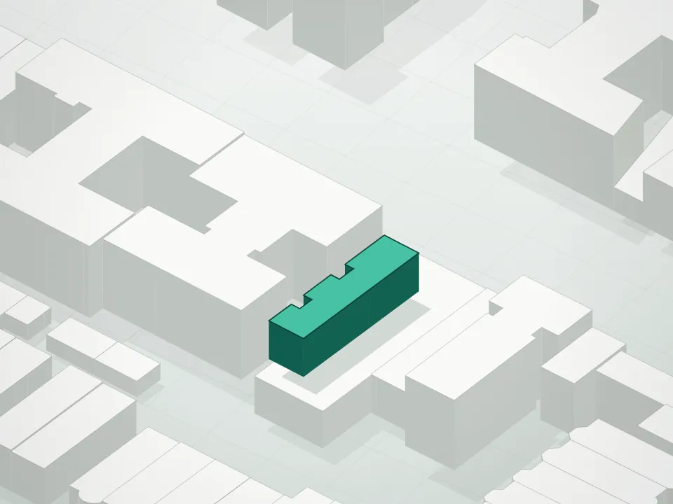 3D massing drawing of 1490 Saint Johns Place Condominium and neighboring buildings