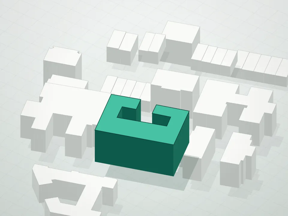 3D massing drawing of Flushing Garden Condominium and neighboring buildings