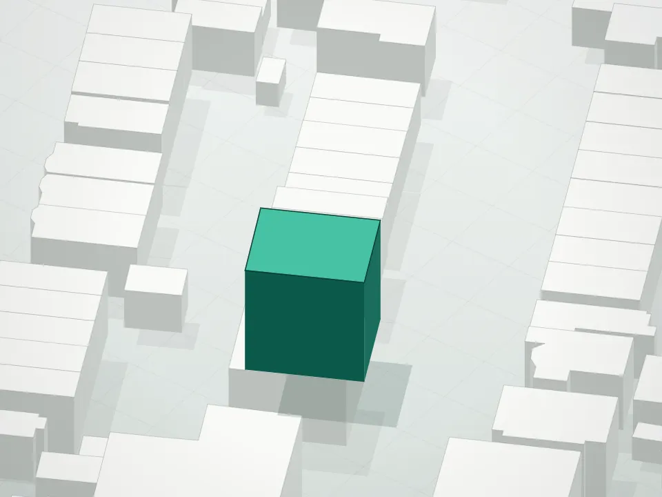 3D massing drawing of Surf House I and neighboring buildings
