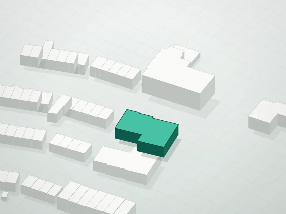 3D massing drawing of Parsons Garden Condominium Two and neighboring buildings